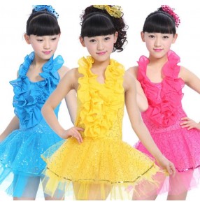 Girls child children kids baby turquoise gold yellow white fuchsia sleeveless halter ruffles modern dance latin dance dresses salsa cha cha dance dresses